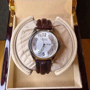 Caravelle by Bulova Silver + Brown Leather Day Date Dress Watch C869977, 38mm